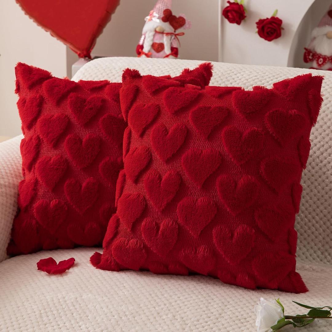 DFXSZ Valentines Pillow Covers 20x20 inch Set of 2 Valentines Day Decoration Red Heart Soft Plush Faux Fur Jacquard Throw Pillows for Bedroom Sofa Holiday Festivals Home Decor PTK017A20