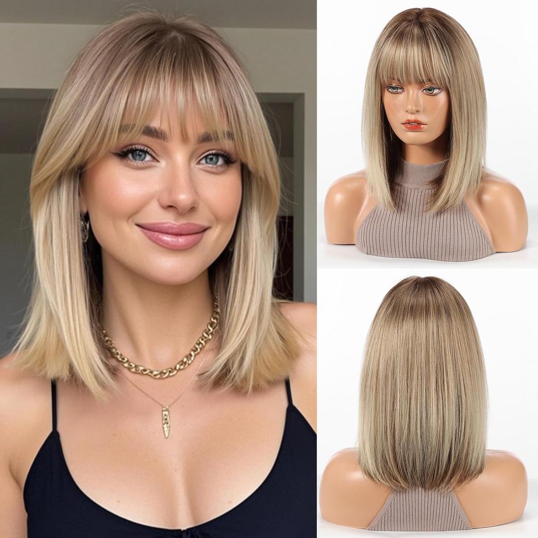 HAIRCUBE Bob Wigs for Women Synthetic Wig with Fringe Blonde with Dark Roots Color
