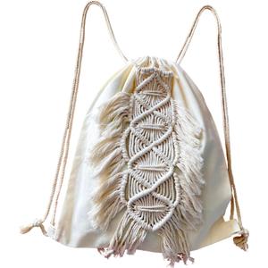 kiido Drawstring Backpack, Bohemian Style String Bag with Tassel and Macrame Fringe Canvas Beach Sport Daypack Sackpack