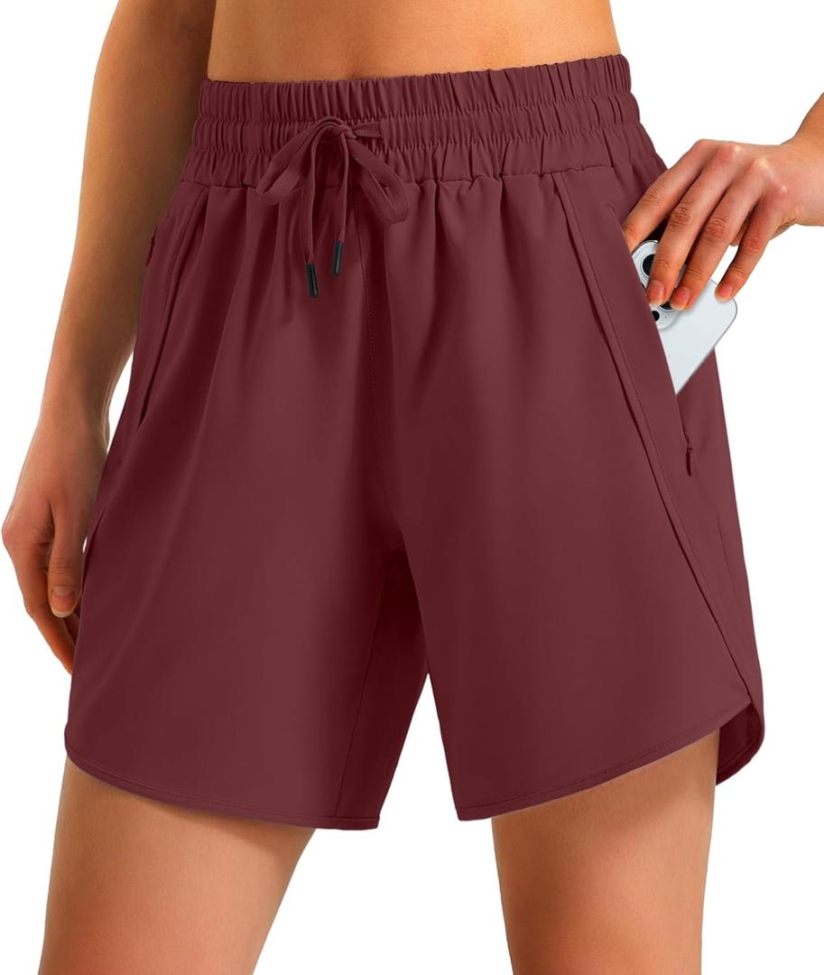 Ksmien Women's 7" Athletic Running Shorts Quick Dry Lightweight Workout Gym Shorts with Zipper Pockets UPF 50+ (X-Large, Wine Red)