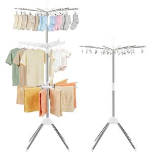 Foldable Clothes Drying Rack - 3 Tier Laundry Drying Rack, Portable Clothing rack with Rotating Clothes Rail with 30 Clips,10 towel sticks and 3 Rotatable Arms, Suitable for Flats and Small Rooms