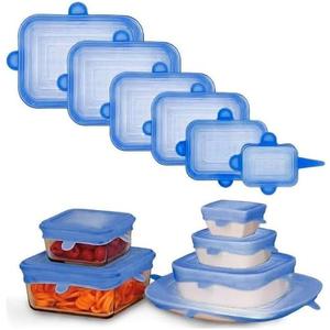 Reusable Silicone Stretch Lids, BPA Free, Airtight Seal, Fits Bowls, Pots, and Containers, Dishwasher Safe, Set of 6 Rectangulares (6, Blue, 2.3-3.7-4.5-5.7-6.29-7)