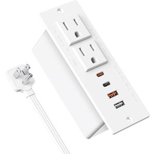 Recessed Power Strip with 30W USB C,Ultra Thin Flat Plug Power Strip,2 Outlets 4 USB Ports,Furniture Flush Mount Desk Outlet,Recessed Outlet for Side Table/Sofa Table,6ft Cord (White)