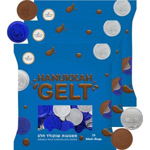 The Dreidel Company Blue & Silver Hanukkah Milk Chocolate Gelt, 25 Coins per Bag, 3 Bags, Total of 75 Coins, Hanukkah Design Menorah & Dreidel Design, Non GMO, Kosher Certified OU-D (EXP 11/02/27)