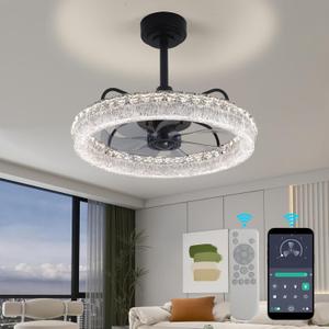 19.88" Ceiling Fans with Lights and Remote, Modern Crystal Chandelier Quiet Ceiling Fans, 3000K-6500K Smart Blade LED Fan Light, Modern Ceiling Fan with Lights for Bedroom, Black