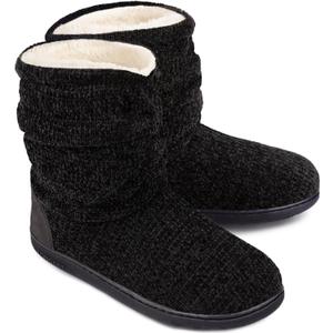 LongBay Women's Cozy Winter Slipper Boots Warm Chenille Knit Bootie Memory Foam Non-Slip Indoor Outdoor House Shoes (9-10, Black)