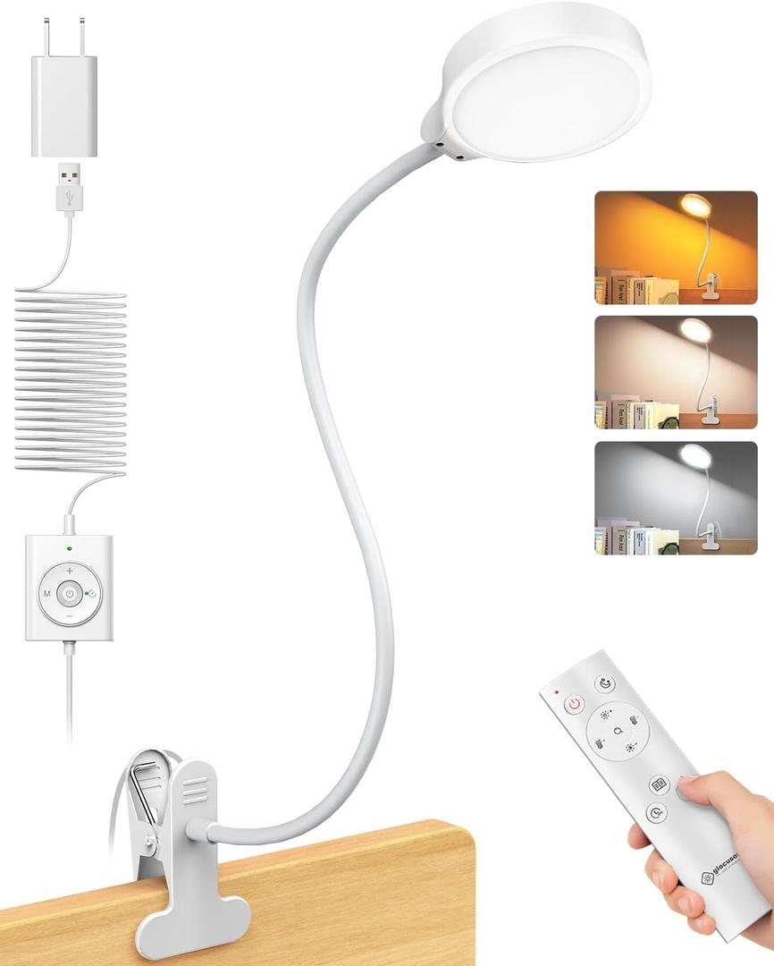 Glocusent Brighter Clip on Lamp with Remote, Eye-Caring Clip on Light for Bed Headboard, 3 Color & 5 Brightness Bed Lamp, 30-Min Auto-Off Timer, Reading Light with Adapter (White) Glocusent Brighter Clip on Lamp with Remote, Eye-Caring Clip on Light for Bed Headboard, 3 Color & 5 Brightness Bed Lamp, 30-Min Auto-Off Timer, Reading Light with Adapter (White)