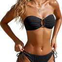 Yonique Women's Ribbed Bandeau Bikini - Sexy Two Piece Strapless Swimsuit String Tie Side Bathing Suit 2026 (Black, M)