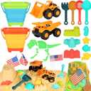 HUITEM Beach Sand Toys for Kids, 29PCS Sandbox Toys with 2 Collapsible Bucket Sand, 2 Dump Truck, Dinosaur Molds, Castle Building Kit, Shovel Sieve,Flags,Mesh Bag Travel Beach Toys for Toddler 3-10