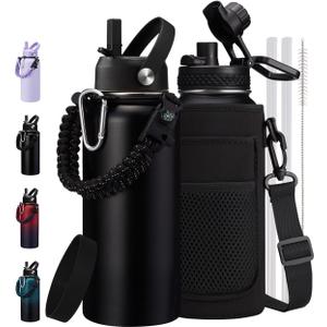 32oz Insulated Water Bottle Flask - Cold-48h & Hot-24h, Stainless Steel Water Bottle Hydro Cup with Paracord Handle, Straw & Spout Lids, Strap Carrier Bag, Meta Water Bottle for Sports Fitness Hiking (Black)