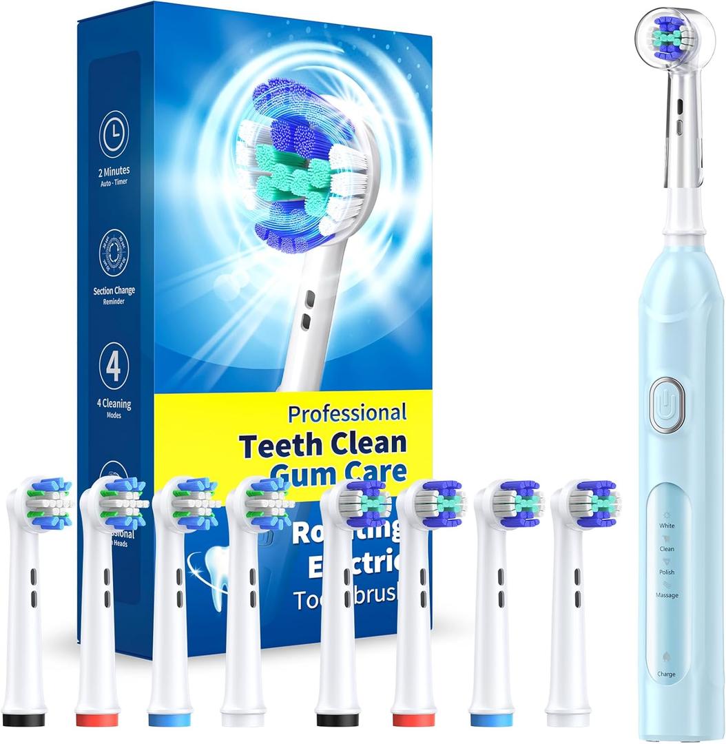 TEETHEORY Rotating Electric Toothbrush for Adults with 8 Brush Heads (2 Types), 4 Modes Deep Clean Electric Toothbrush with Rechargeable Power and 2 Min Smart Timer (SkyBlue)