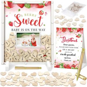 Beeveer 65 Pcs Strawberry Baby Shower Guest Book Berry Theme Baby Shower Decorations Alternatives He or She Gender Reveal Decorations Sign in Guest Book with Picture Frame and 60 Wooden Chip