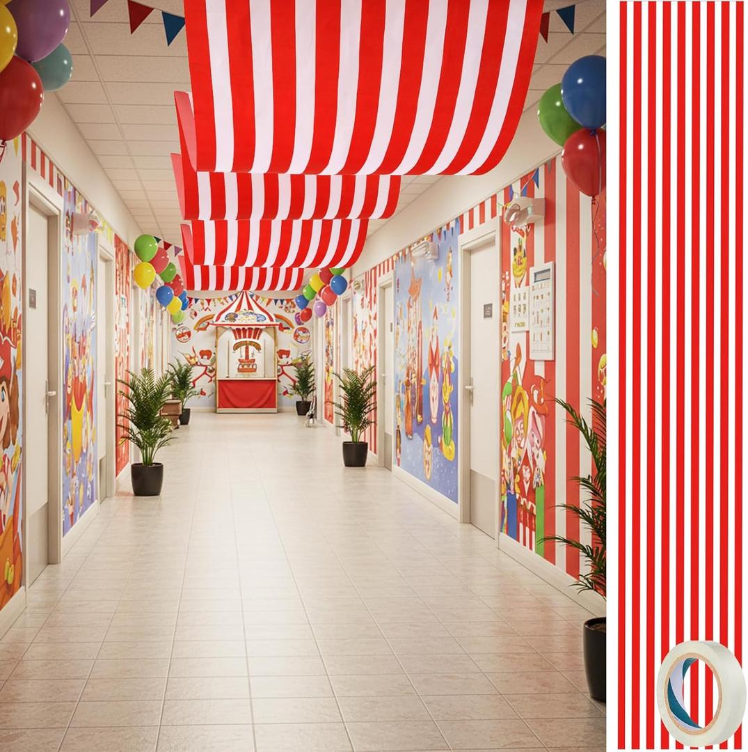 1 Pack Circus Halloween Decorations 32 Inch x 16 ft Red and White Hanging Banner with Tape Ceiling Decor for Carnival Birthday Classroom Circus Theme Party Decorations
