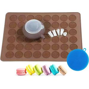 Food Grade Silicone Brown color Macaron Baking Kit Tray Set w. Piping Pot 4 types of nozzles & 1 Cleaning Scrubbing pad non stick reusable Macaroon Baking Supplies