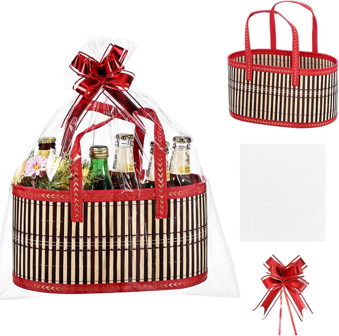 Reallnaive 1 Pc Valentine's Large Bamboo Empty Gifts Basket with Handles 12 Inch Woven Empty Basket to Fill with Ribbon Bow Bag for Wedding Baby Shower Birthday Business Gift Wrapping (Oval)