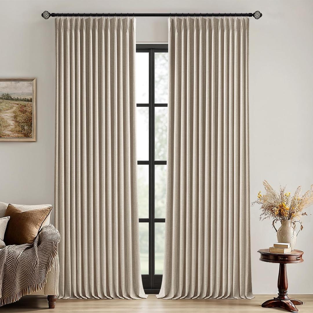 MIULEE Sand Pinch Pleated 100% Blackout Linen Curtains for Bedroom, Room Darkening Memory Trained Light Blocking Window Curtains 84 inches Long for Living Room, Black Out Pleat Drapes, 2 Panels