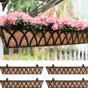 LaLaGreen Railing Planter Box (36 Inch, 4 Pack) Black Metal Rectangular Window Boxes for Outdoor Plants, Large Wall Hanging Planters with Coco Liner Modern Bracket Garden Rail Fence Patio Porch Decor