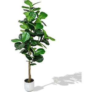 5FT Fiddle Leaf Fig Artificial Tree, Silk Fake Ficus Tree with White Planter, Indoor Faux Floor Plant Tree with Lifelike Trunk and Leaves for Office Living Room Indoor Home Decor