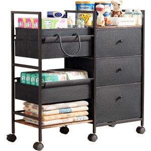 2-in-1 Baby Diaper Caddy Organizer and Storage-3 Tier Rolling Baby Cart with Dividers and Drawers, Baby Essentials for Nursery Storage, Mobile Utility Cart with Wheels Large Capacity Easy To Assemble