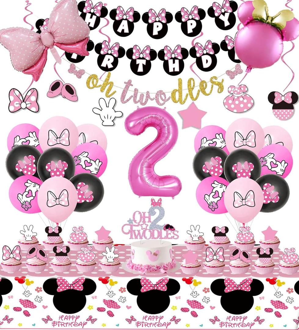 Pink Mouse 2nd Birthday Party Supplies, Oh Twodles Girl Second Party Decorations Includes Happy Birthday Banner, Hanging Swirls, Tablecloth, Cake Cupcake Toppers, Bow Foil Balloon, Latex Balloons