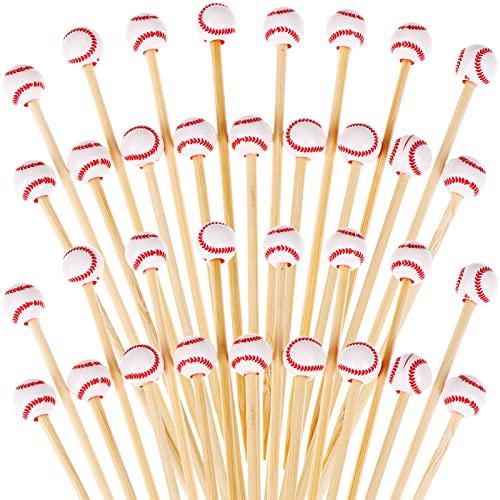 100 Pieces Bamboo Cocktail Picks 4.7 Inch Fruit Toothpicks Sports Ball End Cocktail Skewers Wooden Decorative Cocktail Picks for Appertizes, Fruit, Food, Sport Party Favors (Baseball)