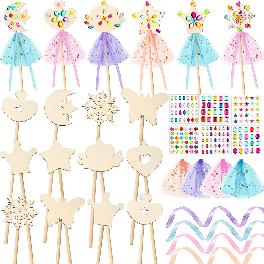 34 Pcs Make Your Own Princess Wand Kit 16 Unfinished Star Butterfly Crown Moon Fairy Wood Stick 6 Gem Stickers 4 Satin Ribbons 8 Mesh Decor for Princess Cosplay Party Accessories DIY Art Craft Making