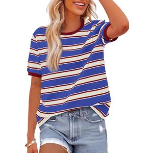 BTFBM Womens Summer Tops 2025 Crewneck Short Sleeve Striped T Shirts Casual Loose Lightweight Color Block Basic Tee (L)