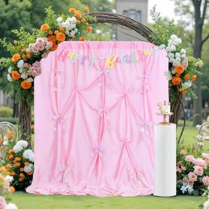 Pink Backdrop Bow Birthday Party Backdrop - 6ft x 8ft DIY Photo Booth Props Background Curtains Drapes for Girls Baby Shower Easter Spring Photoshoot Decorations