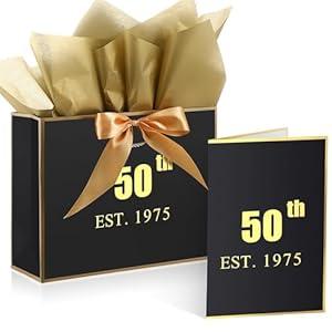 Teenyyou 50th Birthday Gift Bag Large for Women with Greeting Card and Tissue Paper Wrapping Gift Bag for Birthday Decorations Party Supplies(black Gold, 50th)