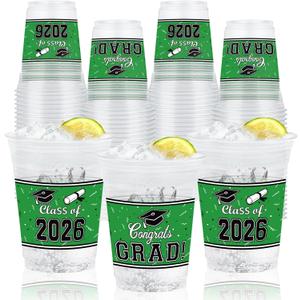 50 Pcs 16 oz Graduation Plastic Cups Double-Sided Printed Disposable Cups with Congrats Grad and Class of 2026 Designs for Graduation Party, School and Home Celebrations (Green)