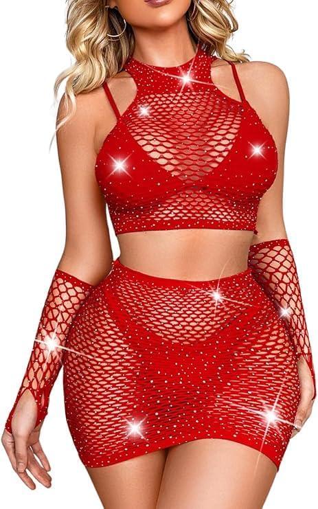 Rave Outfits for Women Festival,Glitter Rhinestone Fishnet Skirt Set,Sexy Mesh Swimsuit Cover Up Pool Party Outfit,Sexy Lingerie Set Bodysuit For Women, M