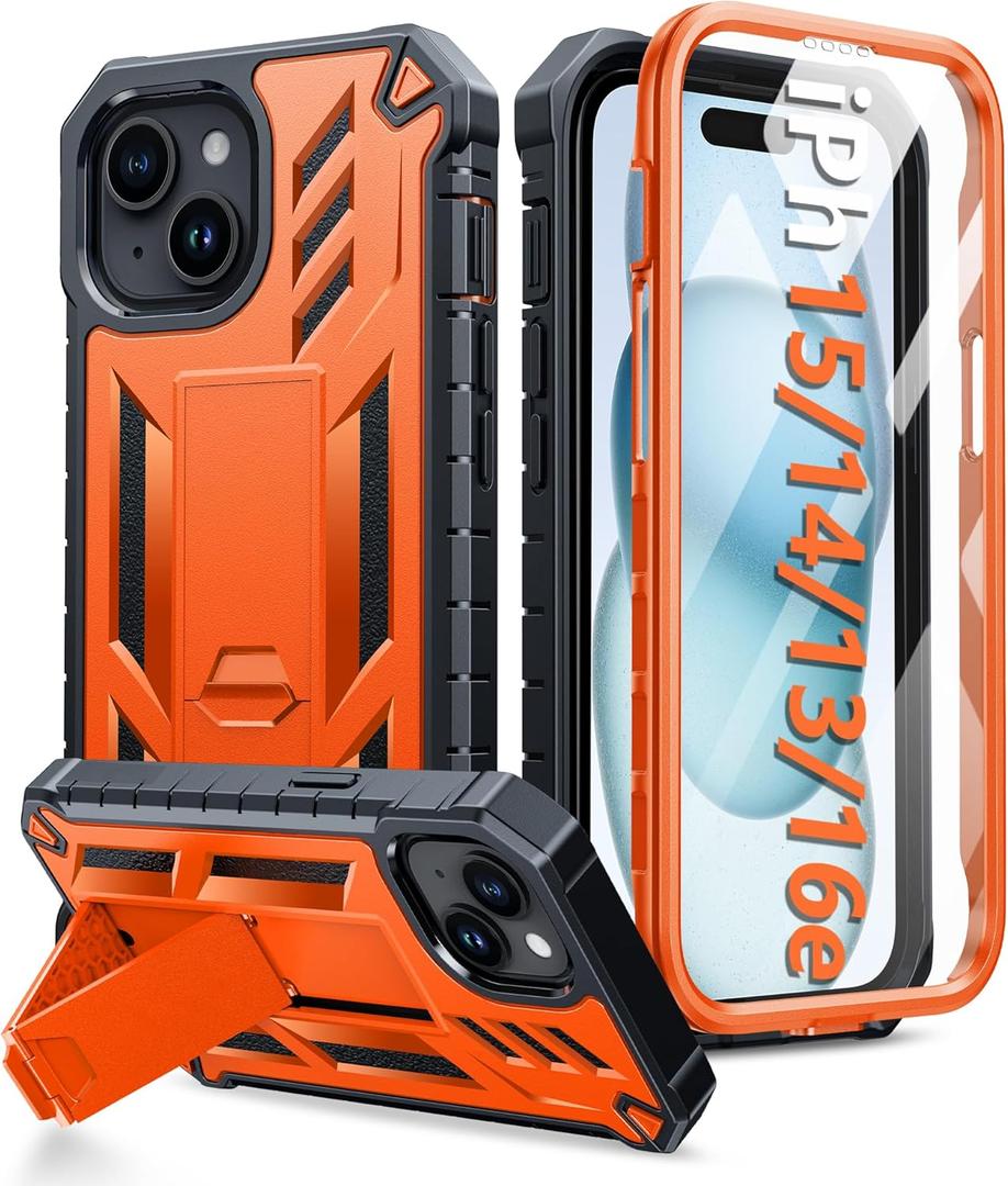 FNTCASE for iPhone 15 Case: for iPhone 14 Case & iPhone 13 Case [Built-in Screen Protector & Kickstand] [Military Grade Drop Protection] Heavy Duty Full Protective Shockproof TPU Phone Cover - Orange
