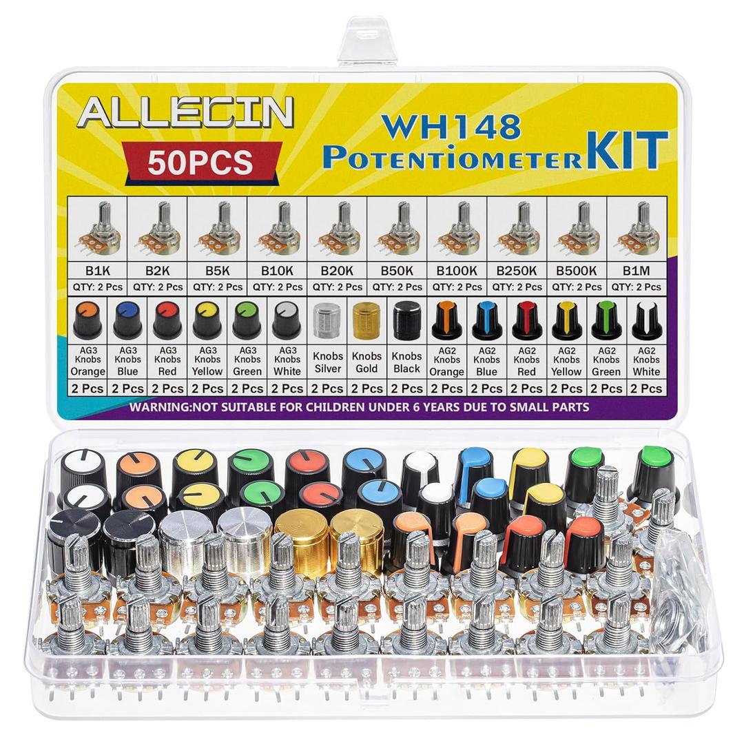 80Pcs WH148 Potentiometer Kit 1K 2K 5K 10K 20K 50K 100K 250K 500K 1MK Ohm 15mm Shaft Single-Joint Linear Potentiometers 3Pins Set Variable Resistors with Plum Knob Cap and Aluminum Alloy Knobs