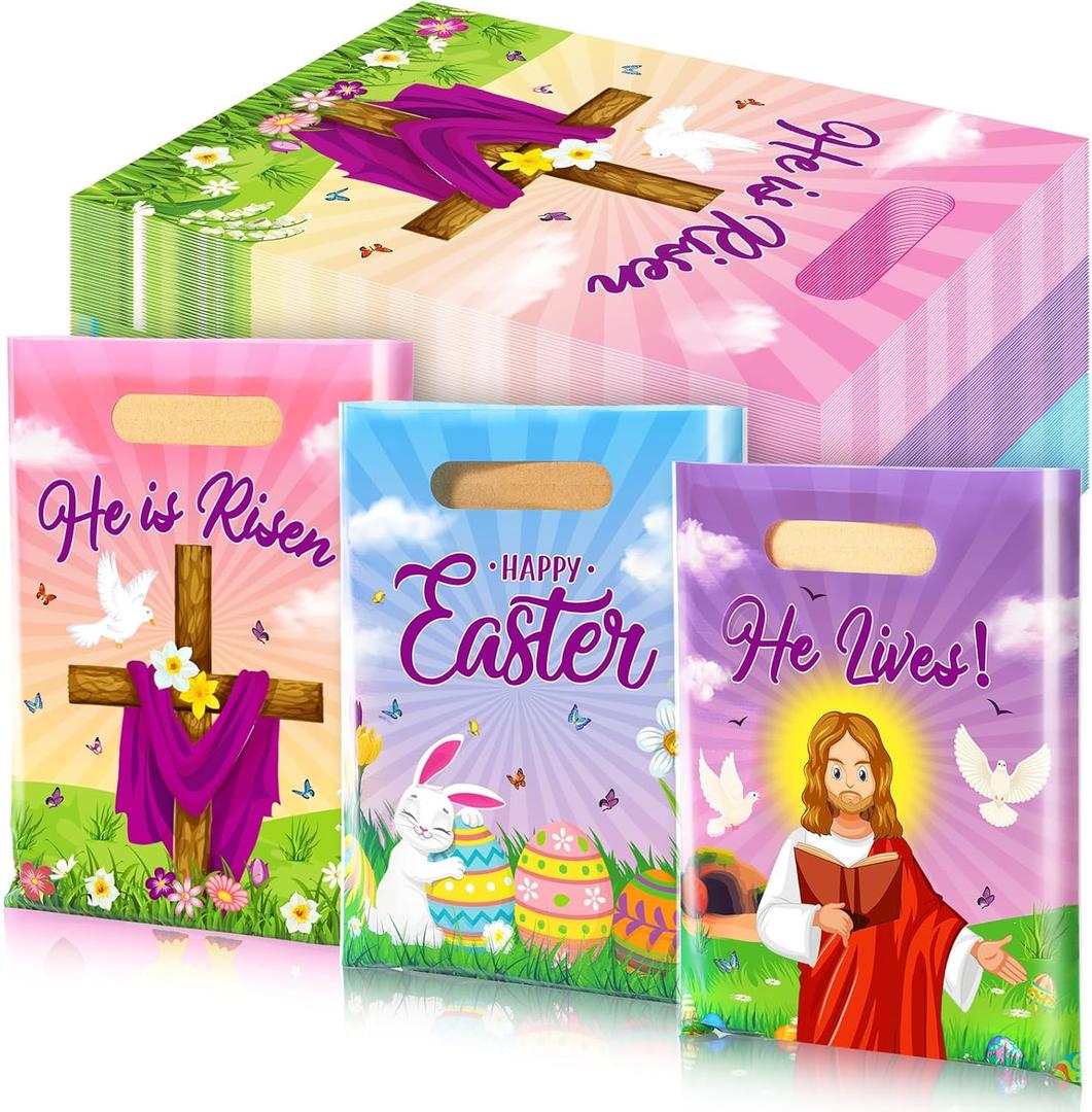 Frienda 120 Pcs Easter He Is Risen Treat Bags Plastic Religious Gift Bags Bulk Happy Easter Day Goodie Bags with Handle Jesus Cross Bible Candy Snack Bags for Holiday Party Favor Supplies