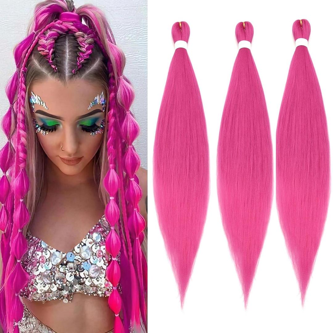Braiding Hair Pre stretched 26 Inch Pink Braiding Hair,Synthetic Prestretched Braiding Hair for Twist or Box Braids Crochet Braids Hair for Braiding Hair Extensions (Magenta Pink, 26inch(Pack of 3))