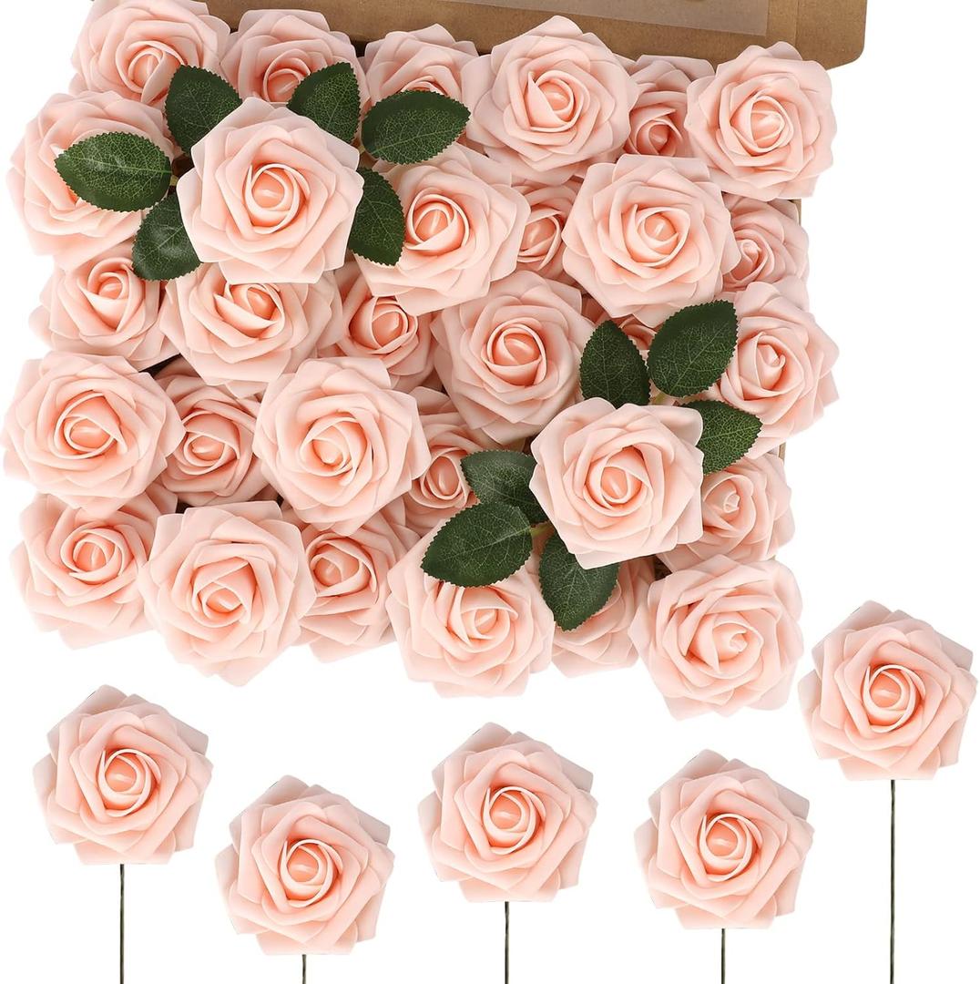 MACTING Artificial Rose Flowers 60PCS Real Touch Fake Flowers with Stem Blush Pink Foam Roses for DIY Wedding Bouquet Floral Arrangements Party Bridal Shower Home Spring Mothers Day Decorations