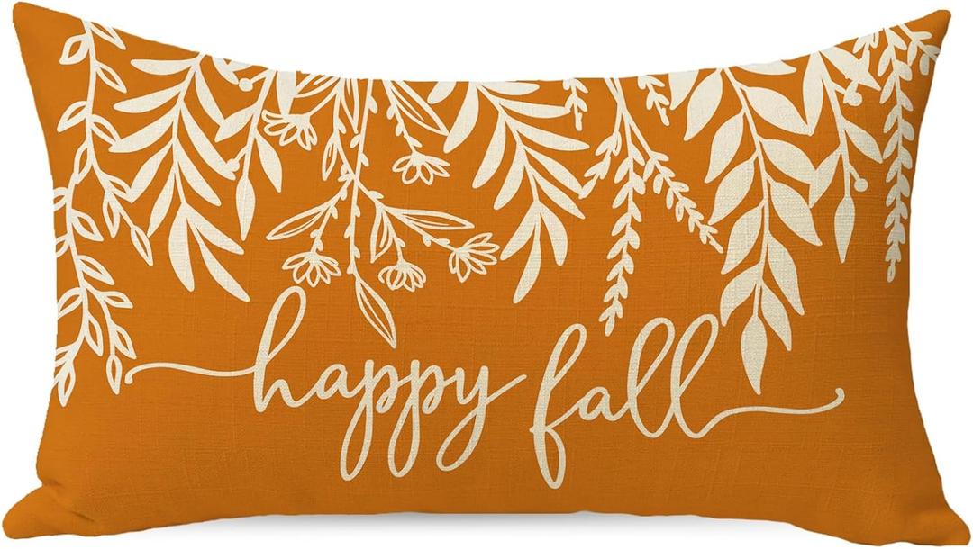 Happy Fall Lumbar Decorative Throw Pillow Cover 12 x 20, Autumn Leaves Orange Rectangle Cushion Case Decor, Farmhouse Thanksgiving Home Decoration for Sofa Couch
