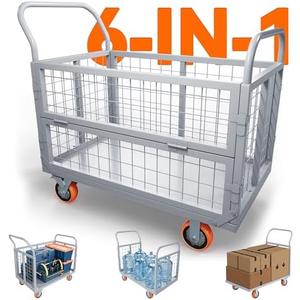2000lbs Platform Truck Cart with Cage, 6-in-1 Foldable Heavy Duty Hand Truck Flatbed Cart with 6" Swivel Casters, Multi-Functional Push Dolly for Grocery, Laundry, Warehouse, Storage