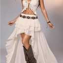 OYOANGLE Women's Boho Layered Ruffle Chiffon Maxi Skirt Y2K Elastic Cowgirl Western Asymmetrical Skirts (Beige, S)