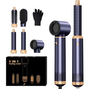 5 in 1 Hair Dryer Brush, Negative Ion Blow Dryer Brush Set Upgrade Hot Air Brush Air Styler Curling Wrap Air Curler, Curling Iron Hair Styling Tools As A Gift for Straight/Curl/Drying/Smoothing (Blue Rose Gold)
