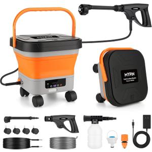 660PSI Portable Cordless Pressure Washer with Folding 3.4Gal Tank, 6-in-1 Nozzle, 7 Adjustable Pressure Levels, 7M Hose, Portable Sprayer with Wheels for Car Floor Wall Fence Cleaning (Orange)