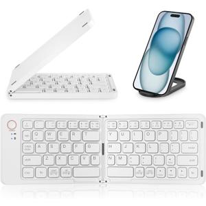 Mini Portable Foldable Bluetooth Keyboard - Wireless Full Size (Sync Up to 3 Devices), Ultra-Slim Travel Folding Keyboard for iPhone iPad Mac Android Windows iOS, White