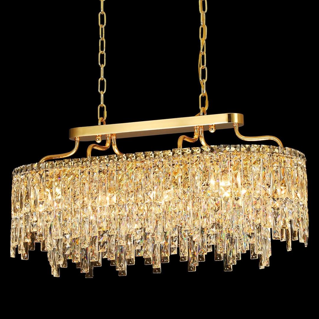 Gold Crystal Chandelier | Modern Luxury Oval-Shaped Chandeliers for Dining Room Light Fixture, 32" 10-Light Crystal Ceiling Lighting Fixture for Dining Room Kitchen Island Bar