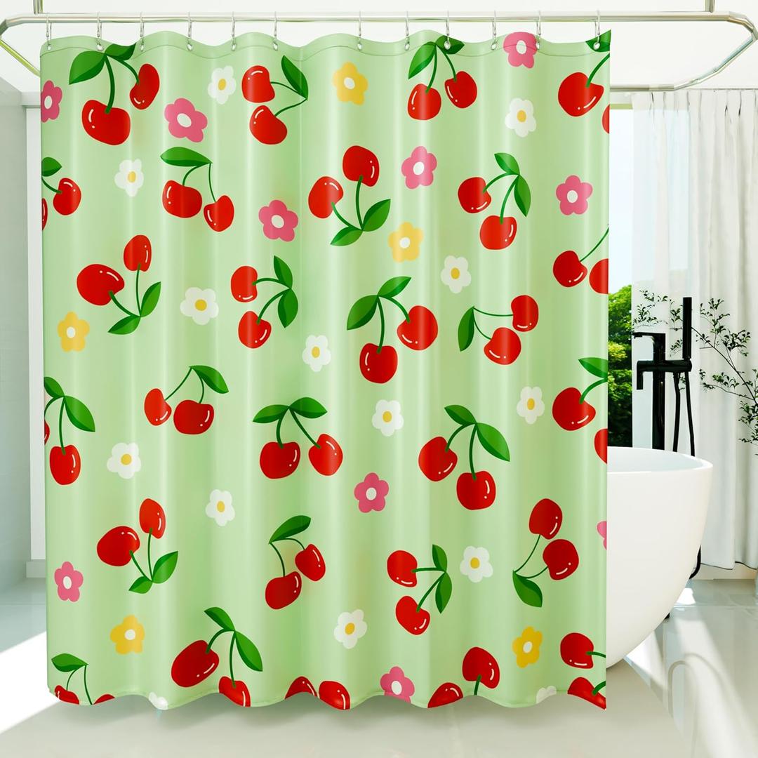 Anybar Fabric Shower Curtain Cute Floral Cherry Curtains Waterproof Soft Polyester Bathroom Curtain- Decorative Washable Privacy Cloth Shower Curtain for Bathroom Hotel (72x72inch) Green