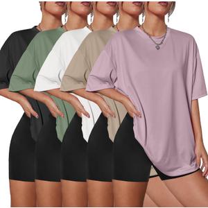 Kinglaman 5 Pack Womens Oversized T Shirts Crew Neck Loose Fit Short Sleeve Tshirts Summer Workout Plus Size Tee Tops (M)