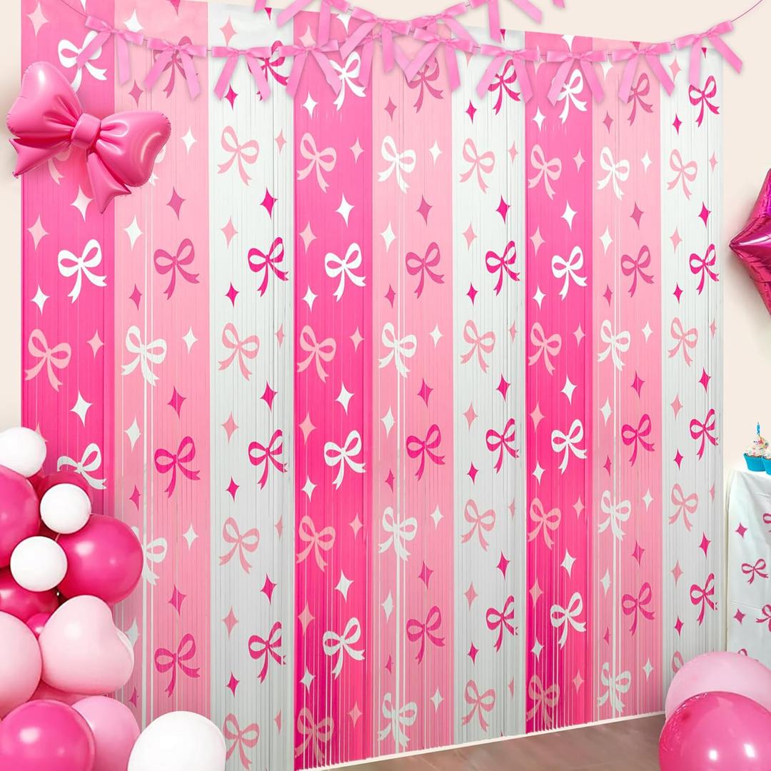 3 Pack Pink Bow Foil Fringe Curtains Bow Metallic Tinsel Streamers 3.3 X 6.6 ft Pink Tinsel Streamer Party Photo Backdrop for Bridal Shower Wedding Favors Coquette Birthday Girl Bows Theme Party Decor