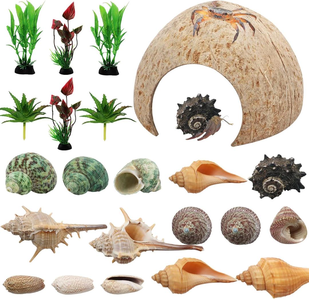 Hermit Crab Supplies - 22 pcs Shells, Natural Coconut Shell Reptile Hide, Artificial Plants, Tank Climbing Toys for Hideouts
