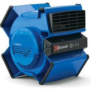 Lasko X-Blower High Velocity Pivoting Utility Blower Fan for Cooling, Ventilating, Exhausting, and Drying, 6 Position 3-Speed Floor Fan with AC Outlet, Circuit Breaker, USB Port, 11x9x12, Blue, X12905