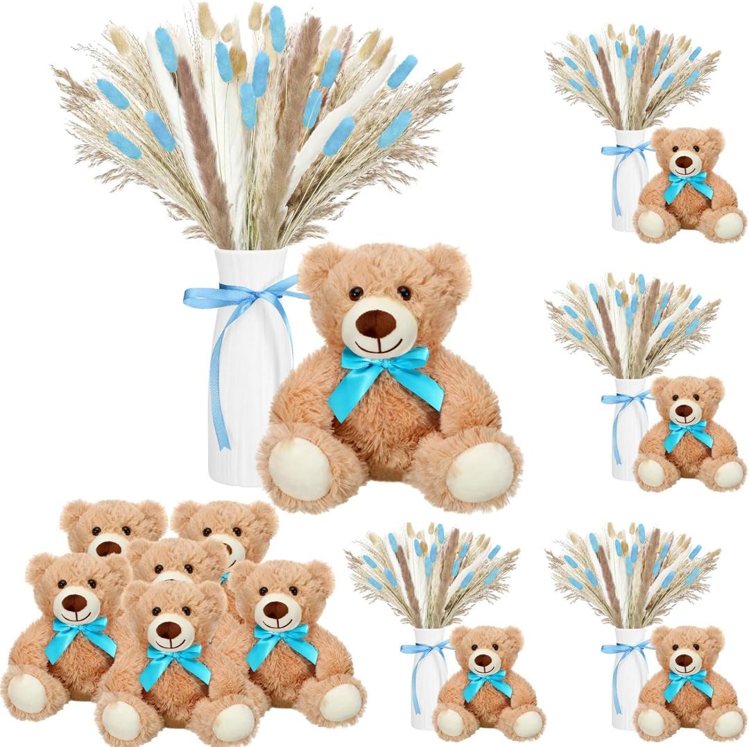 3 Sets 123 Pcs Baby Shower Table Centerpieces Dried Pampas Decor Bear Stuffed Ceramic Look Plastic Vase with Bow for Boho Wedding Bridal Shower Flowers Table Decorations(Blue,Boy)
