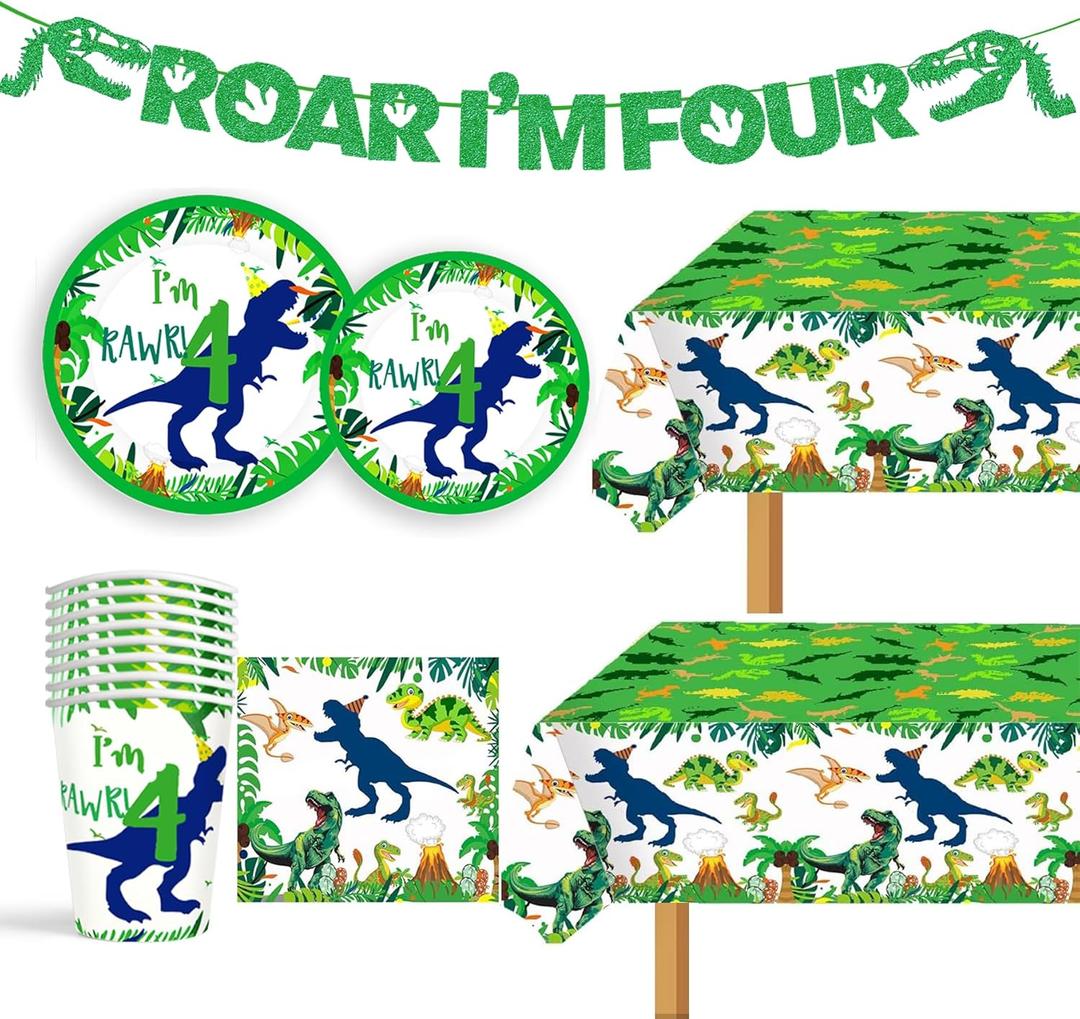 Dino Four Birthday Decorations Boy Plates Napkins and Cups Banners Table Cloth Roar I'm 4 Birthday Party Decorations for Boys Roar I'm Four Decorations